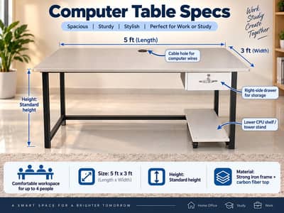 Computer Table 5×3 Feet – Mazboot Iron Frame Ke Sath
