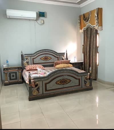 Bed set for sale includes curtains, bed, bedside tables, dresser