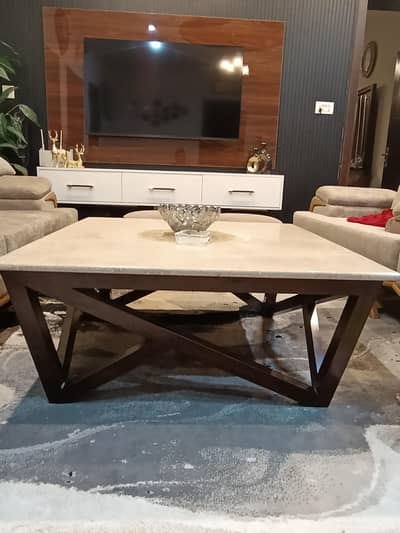 sheesham wood center table marble top