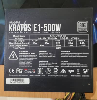 Gamdias Kratos E1 RGBA 500watt power supply sealed.