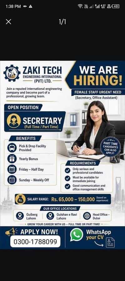 Urgent Need Female Assistant For Office