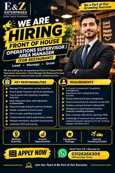 Urgent hiring Operation Supervisor/Area Manager