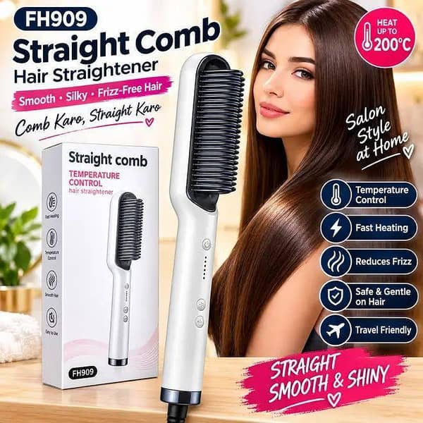Hair Straightener Brush & Styler | Model 909 | Fast Heating Electric Straightening Comb