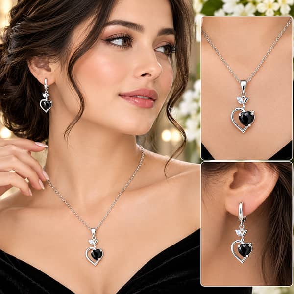 Apple Heart-Shaped Black Zircon Jewelry Set in 925 Silver Stamped Necklaces Earrings