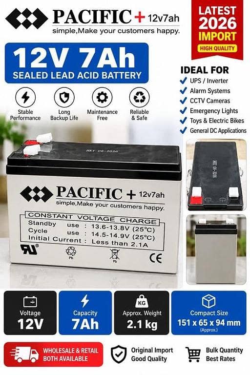 PACIFIC 12V 7Ah Battery | Sealed Lead Acid | Latest 2026 Import