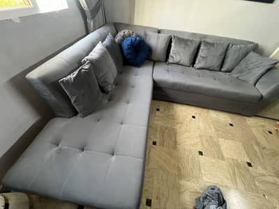 L Shape 7 Seater Sofa Grey Valvet Material 9/10 condition