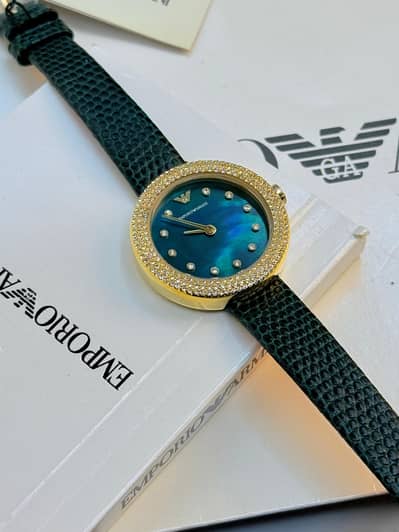 *Emporio Armani* Mother Of Pearl Green Leather Strap Ladies Watch