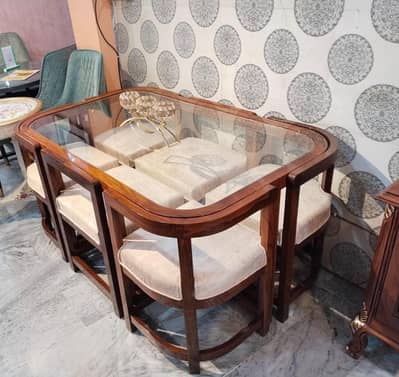 6 Seater Wooden Dining Table Set | Glass Top Dining Table with Cushion