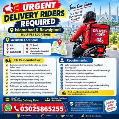 Delivery Riders Required | Urgent hiring | Islamabad & Rawalpind |