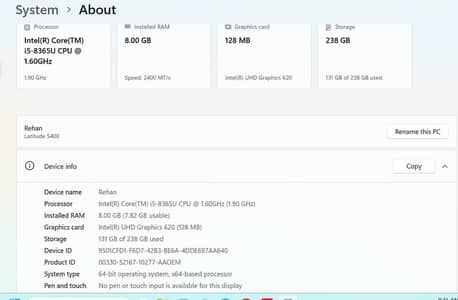Core i5 8th generation 8GB RAM 256GB SSD