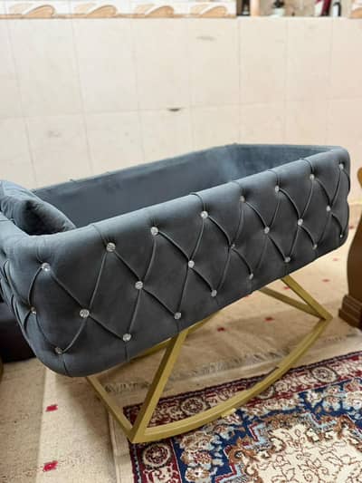 Elegant Grey Velvet Baby Crib / Rocking Bassinet – Excellent Condition