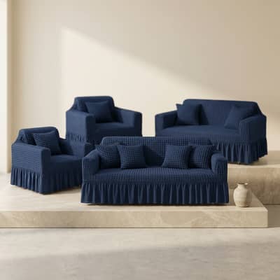 7-Seater Bubble Textured Sofa Cover Blue Jersey