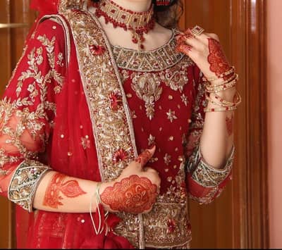 Royal Blood Red Handmade Bridal Lehenga with jewellry set