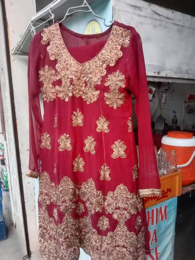 *Mehroon Chiffon Shirt - Heavy Golden Embroidery*