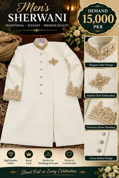 Men’s Sherwani | Ivory White Wedding Sherwani | Embroidered Groom Wea
