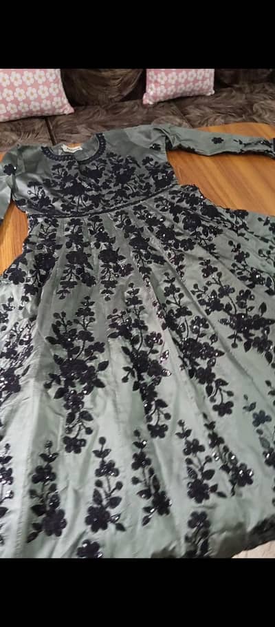 Olive green black Sequence raw silk maxi with cancan attach
