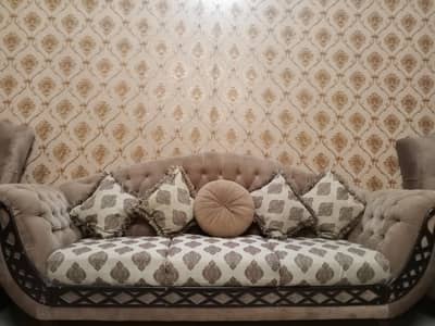 5 Seater Sofa Set + Glass Table + 4 Matching Poufs