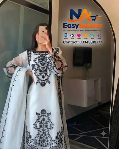 ​3 Pc Embroidered Organza Suit - Black & White