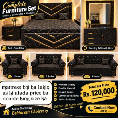 Complete Black & Gold Bedroom Furniture Set – 4 Months Used