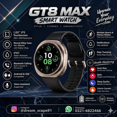 GT8 MAX Smart Watch | Bluetooth Calling | Sports & Health Tracking |