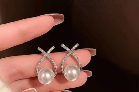 Cross Zicron Pearl earrings silver  gold set
