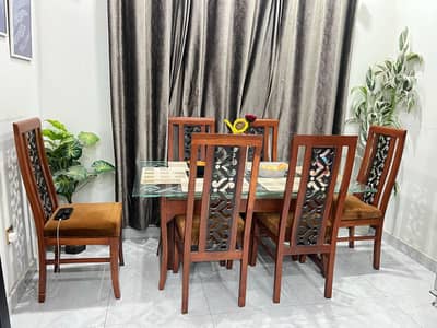 Elegant Wooden Dining Table Set – 6 Chairs with Glass Top