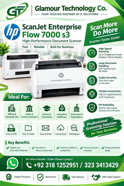 HP scanjet enterprise flow 7000 s3 scanner 75ppm speed new