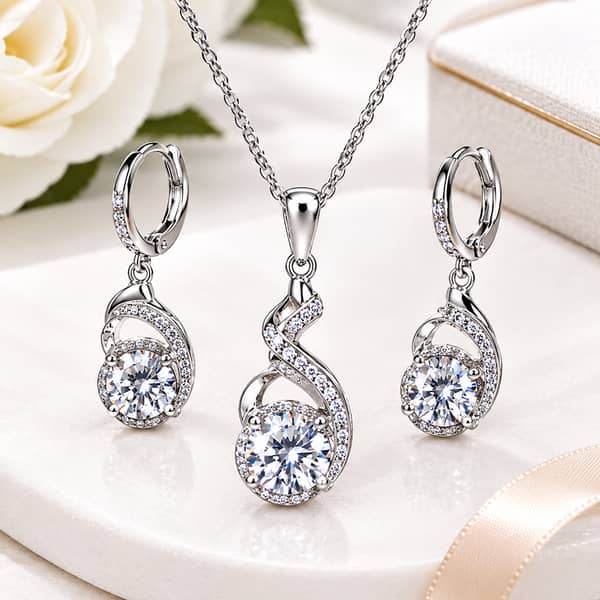 Sparkling Elegant-Shaped Zircon Jewelry Set in 925 Silver Stamped Necklace Earrings