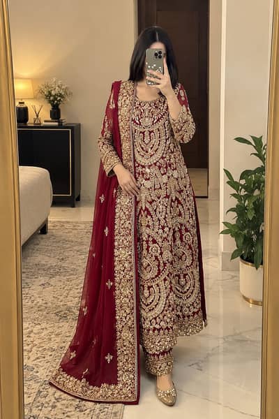 Maroon & Gold Dabka Work Pakistani Formal Dress