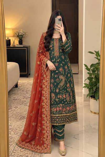 Emerald Green & Rust Gold Embroidered Pakistani Suit