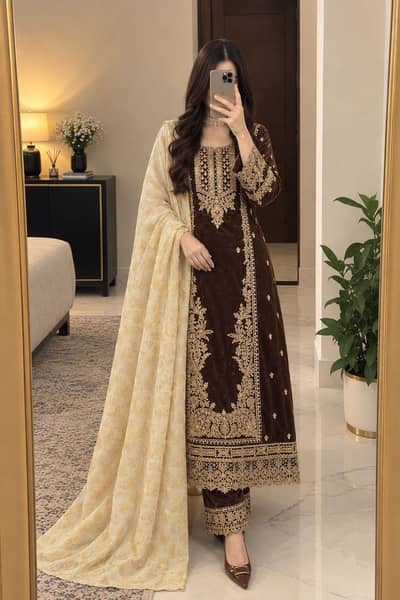 Asim Jofa Formal Dress Chocolate Brown & Gold Embroidered Velvet dress