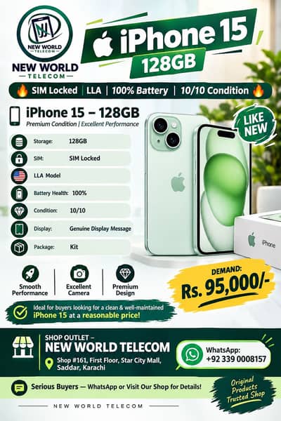 iPhone 15 128GB | LLA | SIM Locked | 100% Battery | 10/10 Condition