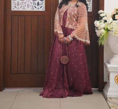 Elegant customized Maroon Maxi with Embroidered Upper Coat
