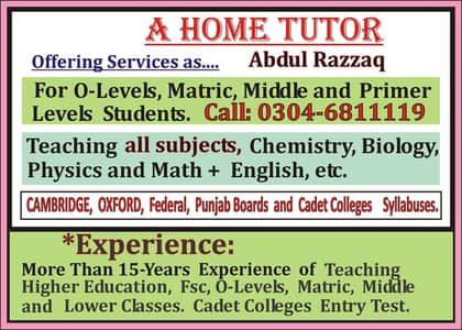 Home Tutor, Tuition. "A Highly Experienced and Reliable Teacher.