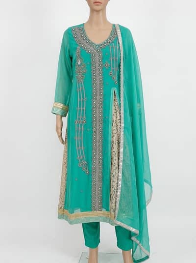 Sea Green Embroidered (3-Piece set) Maxi Dress