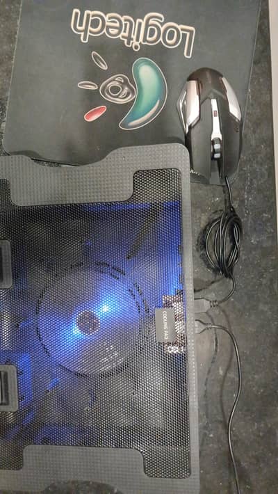 Cooling Pad and Gaming Mouse and earbuds