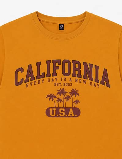 Mustard Drop Shoulder California Printed T-Shirt
