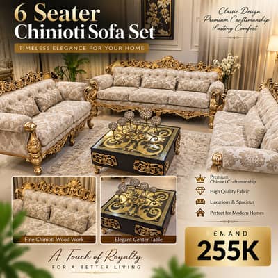 Elegant Royal Chinioti 6-Seater Sofa Set & Matching Coffee Table