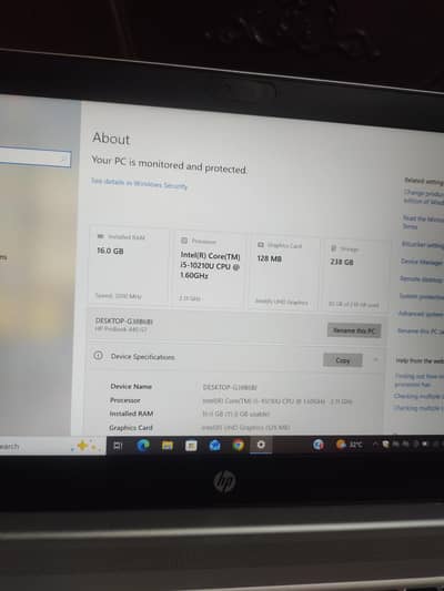 hp probook i5 10 genration 16 gb ram 256 storage