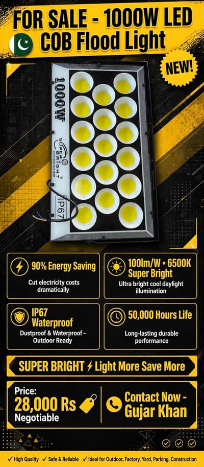 CoB Light 1000W Waterproof  -UAE Imported- Led Flood Light