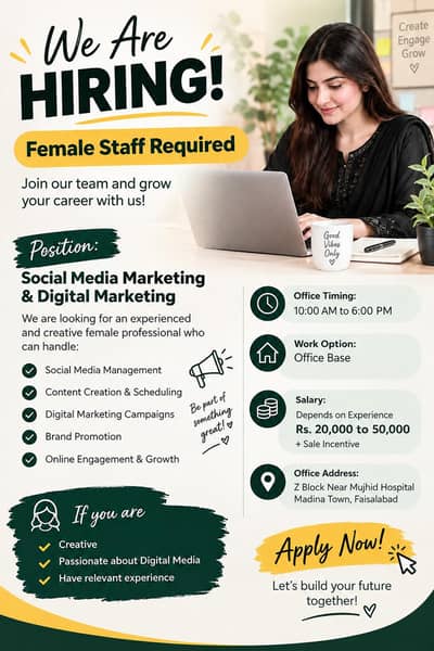 Required female sttaf ,social media marketing, Digital marketing