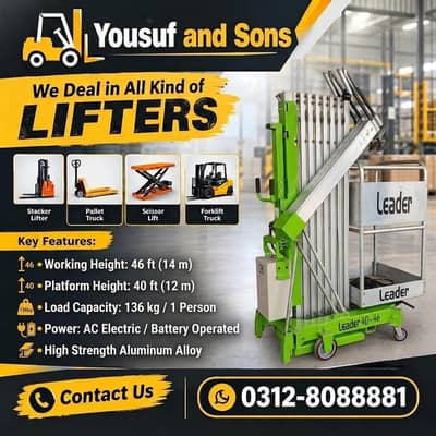 46 Feet Leader Vertical Mast Man Lift For Sale Delivery All Pakistan
