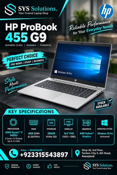 HP ProBook 455 G9 — Ryzen 3 5425U | 8GB RAM | 256GB NVMe | 15.6” FHD