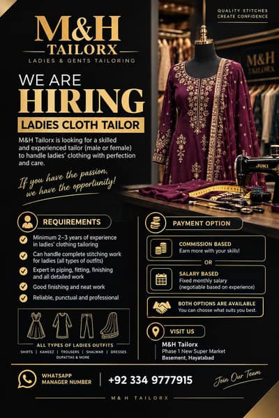 Experienced Ladies Tailor Required(Male or Female) – M & H Tailors