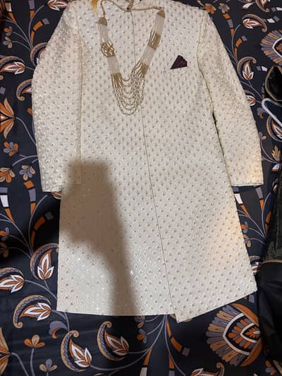 Premium Ivory Sherwani with Qula & Mala – Complete Groom Set