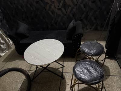 2 seater sofa setiwith 2 cushions / 2 seating stools/ 1 wooden table