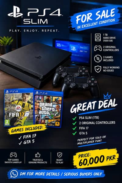 PS4 Slim 1TB + 2 Original Controllers + GTA 5 + FIFA 17 | 60,000 PKR