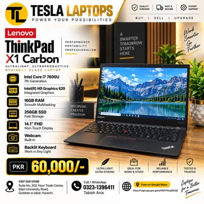 Lenovo ThinkPad X1 Carbon | Core i7 7th Gen,16GB RAM,256GB SSD,Backlit