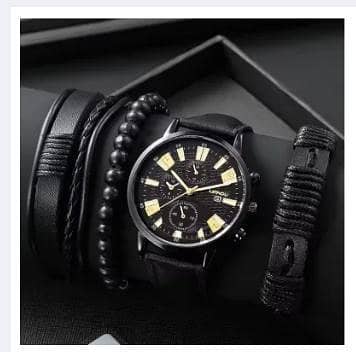 4pcs Black Round Quartz Watch With PU Leather Bracelet Men Nylon Business Watch Fashion Casual For Daily Sports R3383