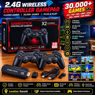 Game Stick 4K | 30,000+ Games | 2 Wireless Controllers | Box Pack